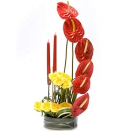 Designer Basket Of Anthuriums, Roses And Candles